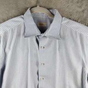 Brioni Mens Striped Dress Shirt White Blue Cotton Made in Italy Size 17.5/44